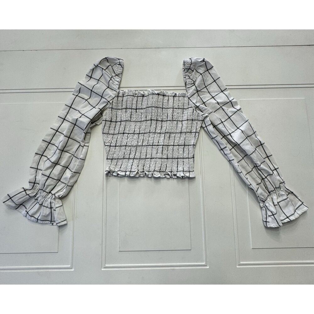 Privy Crop Top Square Neck Stretch Long Bell Sleeve Cropped Blouse Black White M - Picture 4 of 6